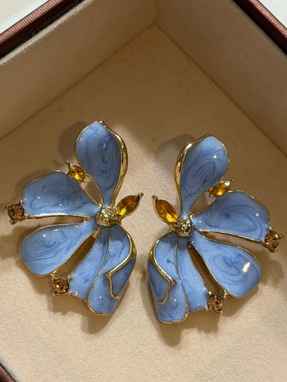 Golden Light Blue Enamel Half Flower Statement Earrings Inlaid Yellow Crystal